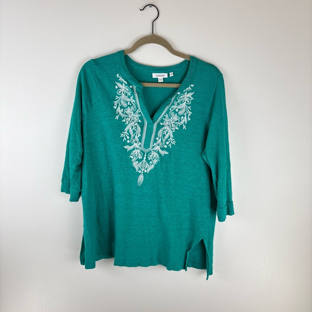 Chico's Teal Embroidered V-Neck Tunic